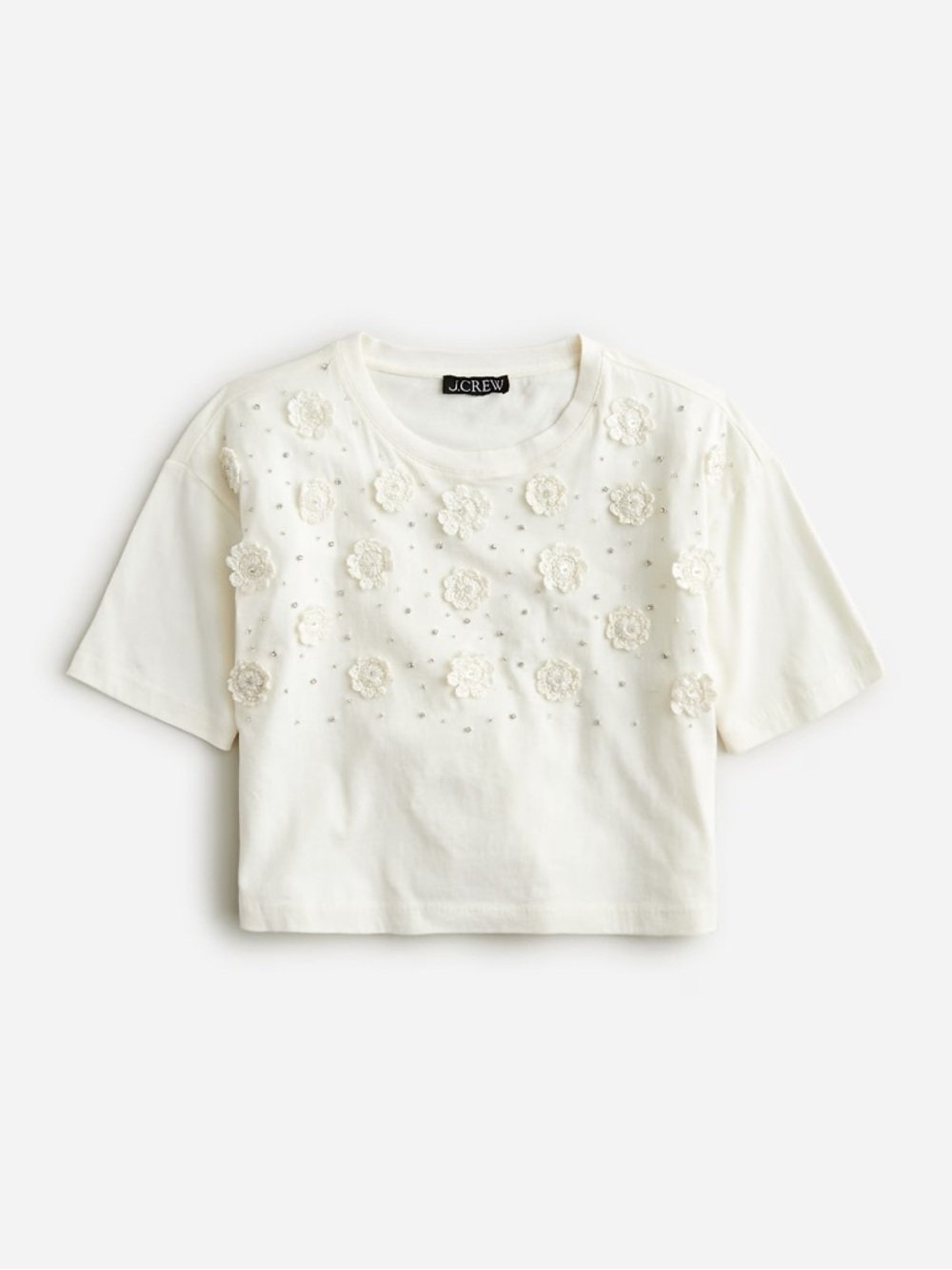 NWT J.Crew Cropped T-shirt with crochet floral appliqués